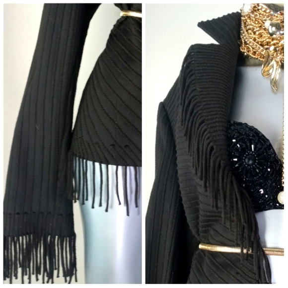 Company Ellen Tracy Open Front Fringe Chocolate Striped Cotton Blend Jacket - Picture 8 of 13